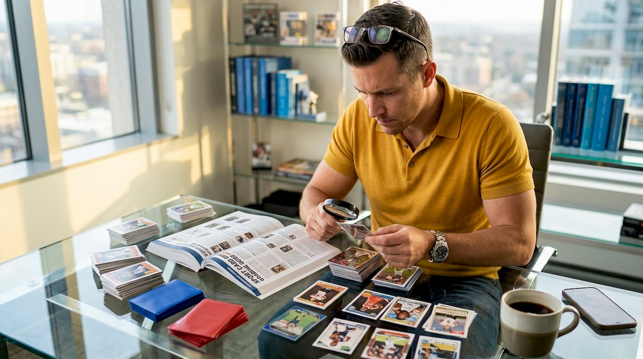 Collector sorting rookie sports cards at desk