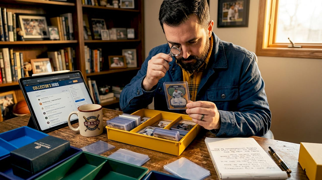 Collector inspecting autograph card in morning light
