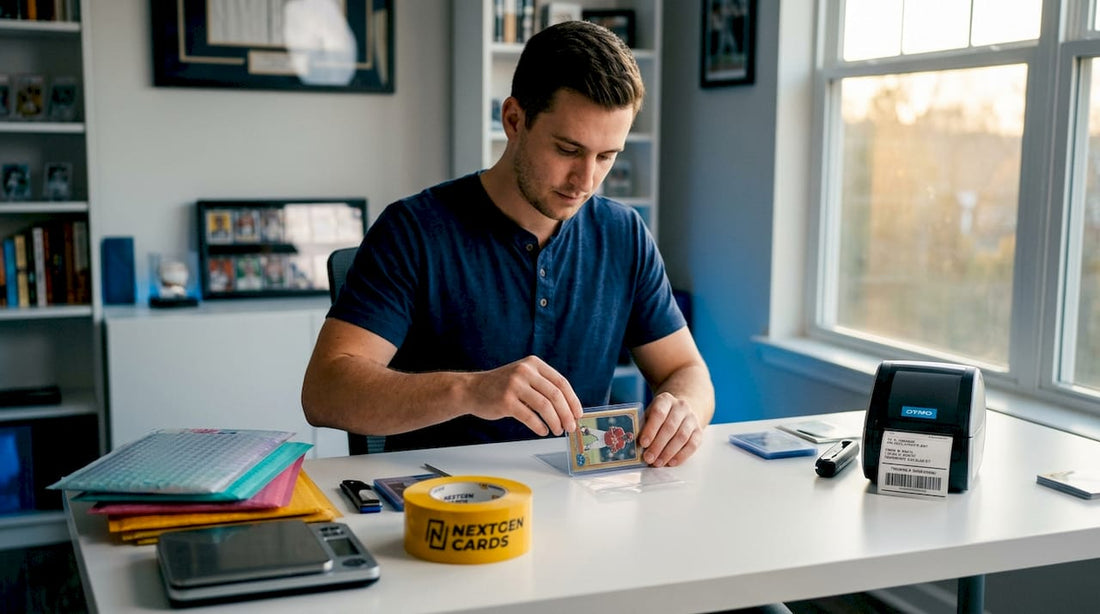 Collector packing rare sports card for shipping
