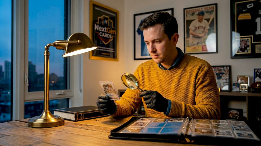 Collector examining certified autograph rookie card indoors