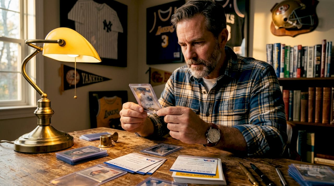 Collector examining signed memorabilia card at table