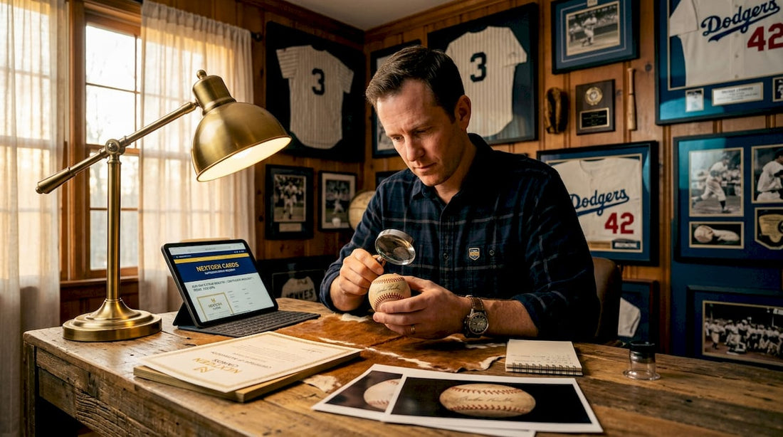 Authenticator examining signed baseball in office