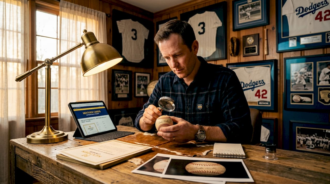 Authenticator examining signed baseball in office