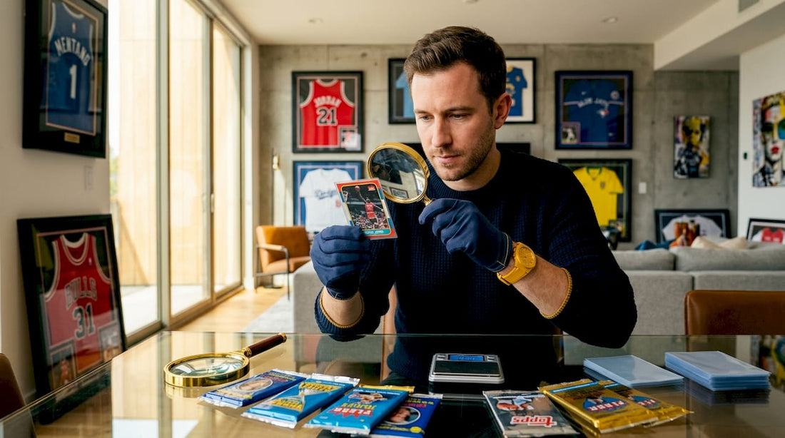 Collector examining rare sports trading card at desk