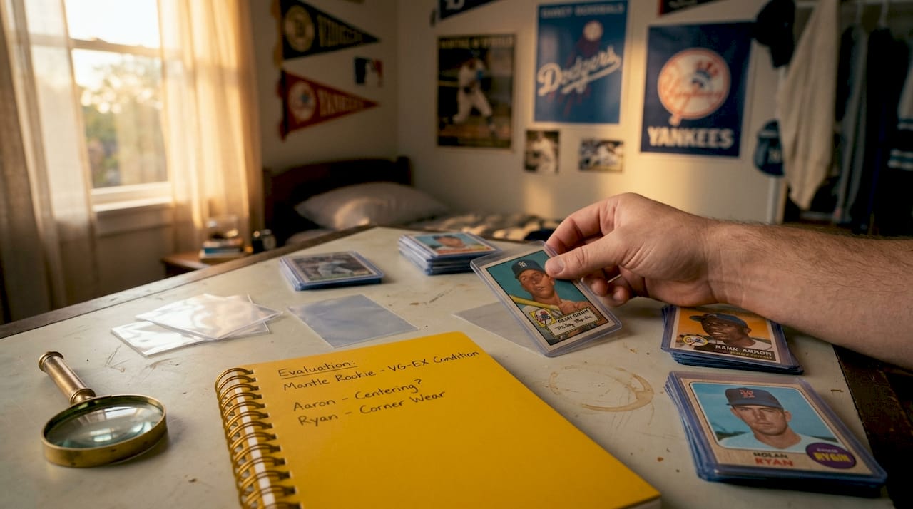 Hands sorting rare rookie baseball cards on table