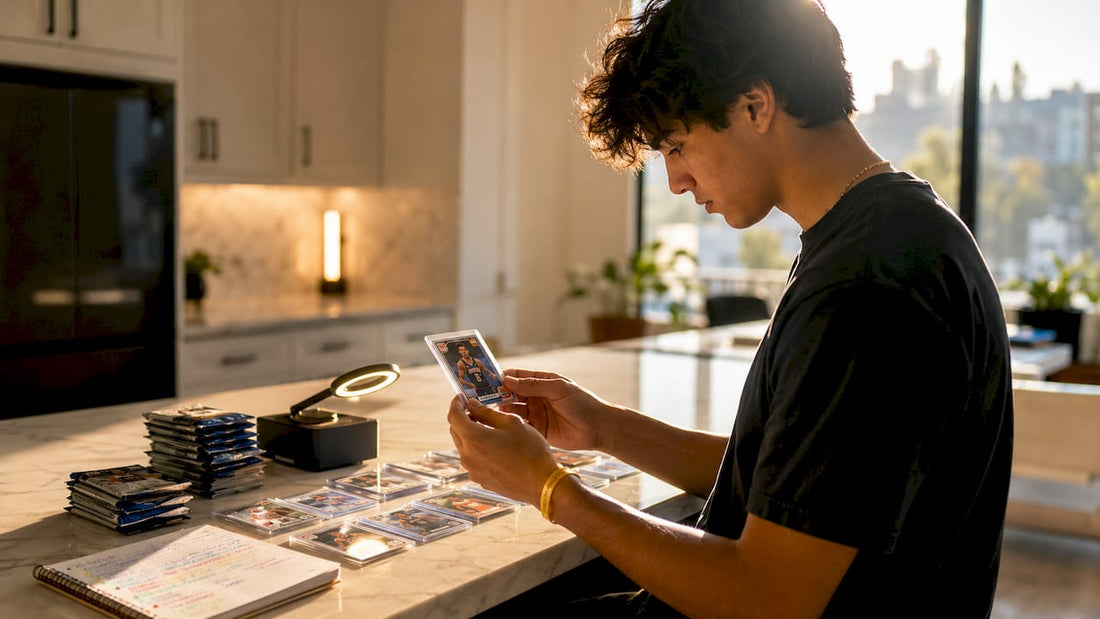 Collector examining NBA rookie card at desk