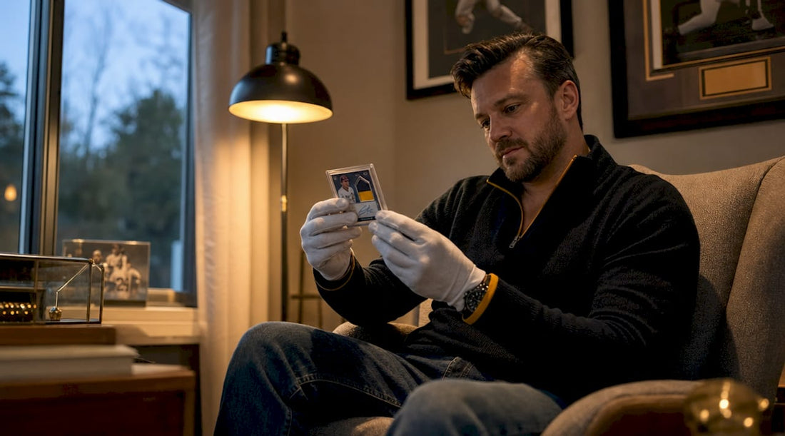 Collector inspecting an autograph sports card