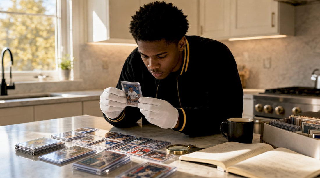 Collector examining rookie cards at home desk