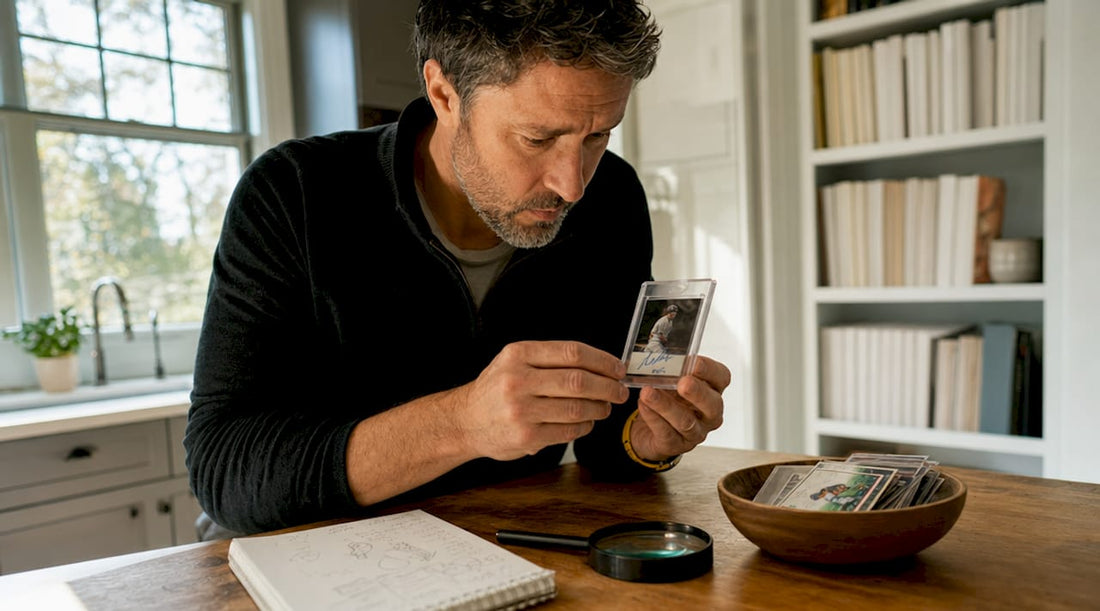 Man inspecting autographed trading card at home