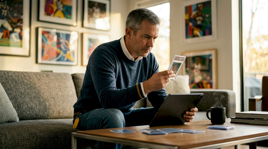 Man verifying rare sports card authenticity at home