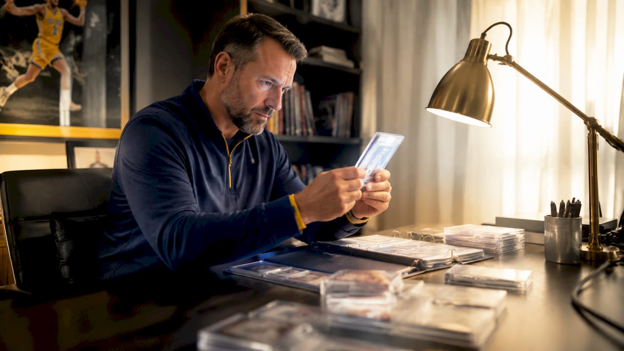 Collector examining rookie card in home study