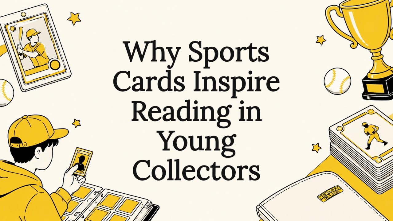 Title card with sports card themed illustrations