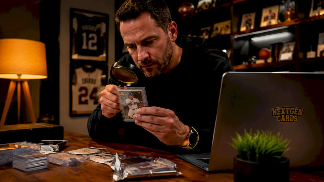 Collector examining Aaron Judge rookie card