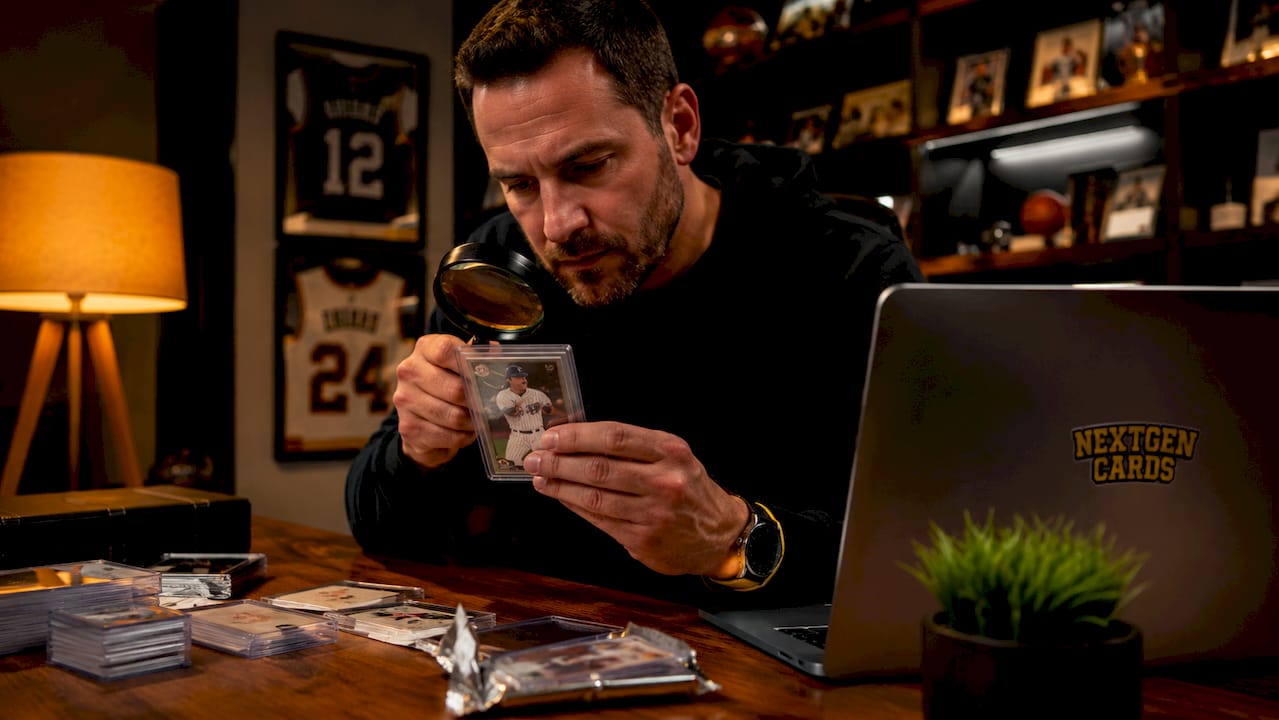 Collector examining Aaron Judge rookie card