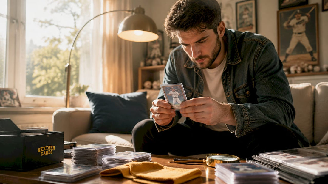 Collector inspecting MLB Finest card at home desk
