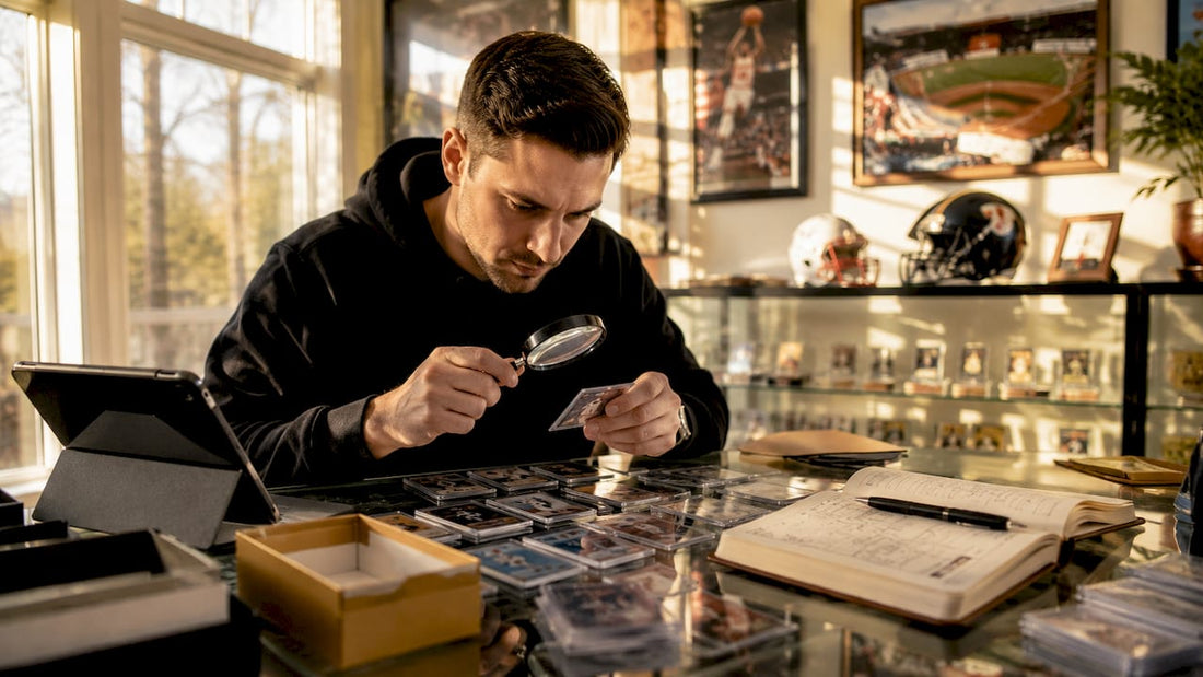 Collector inspecting sports cards at home table