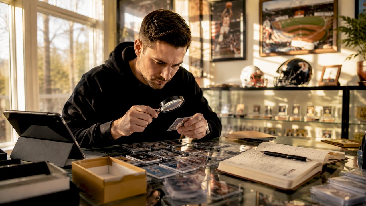 Collector inspecting sports cards at home table