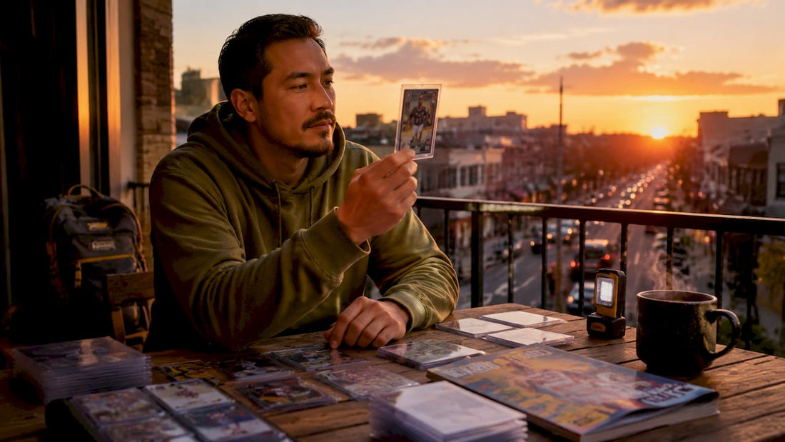 Collector examining trading cards at home table