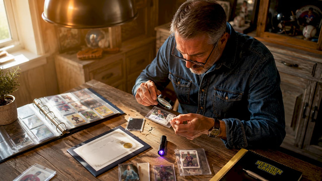 Collector inspecting signed memorabilia closely