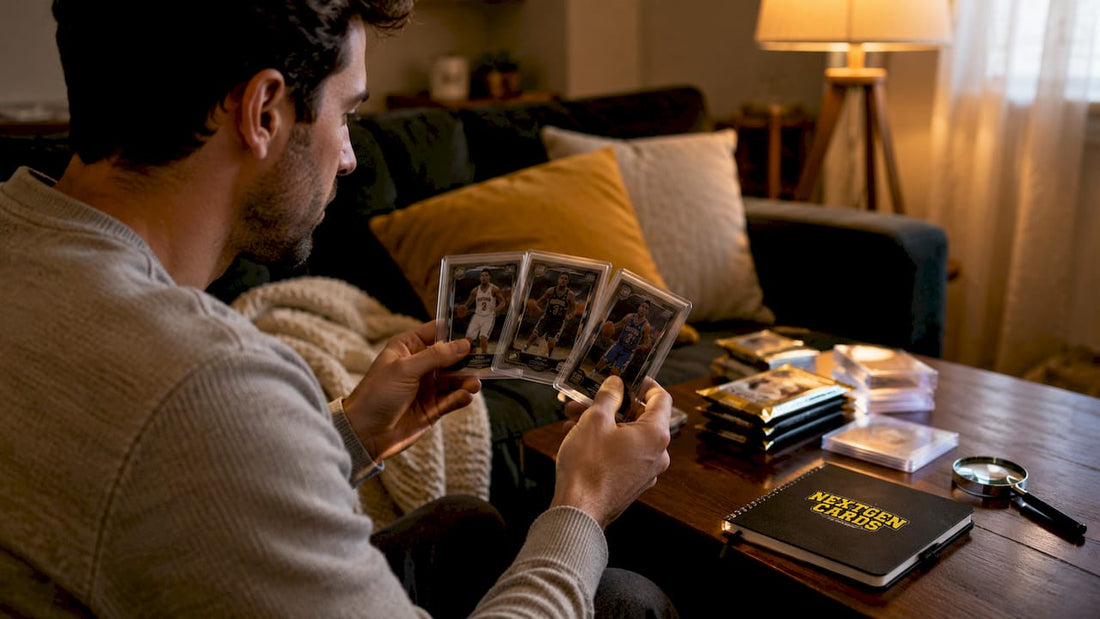 Hands examining limited-edition basketball rookie cards