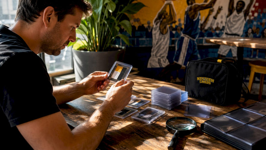 Collector examining sports card relics at desk