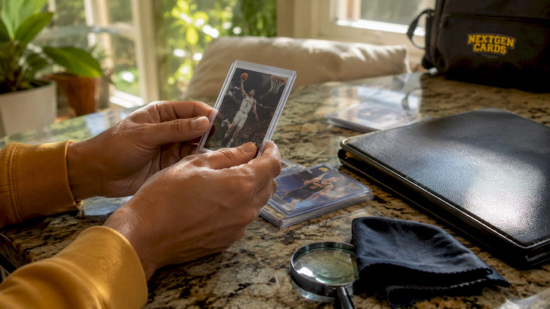 Hands holding sleeved basketball trading card