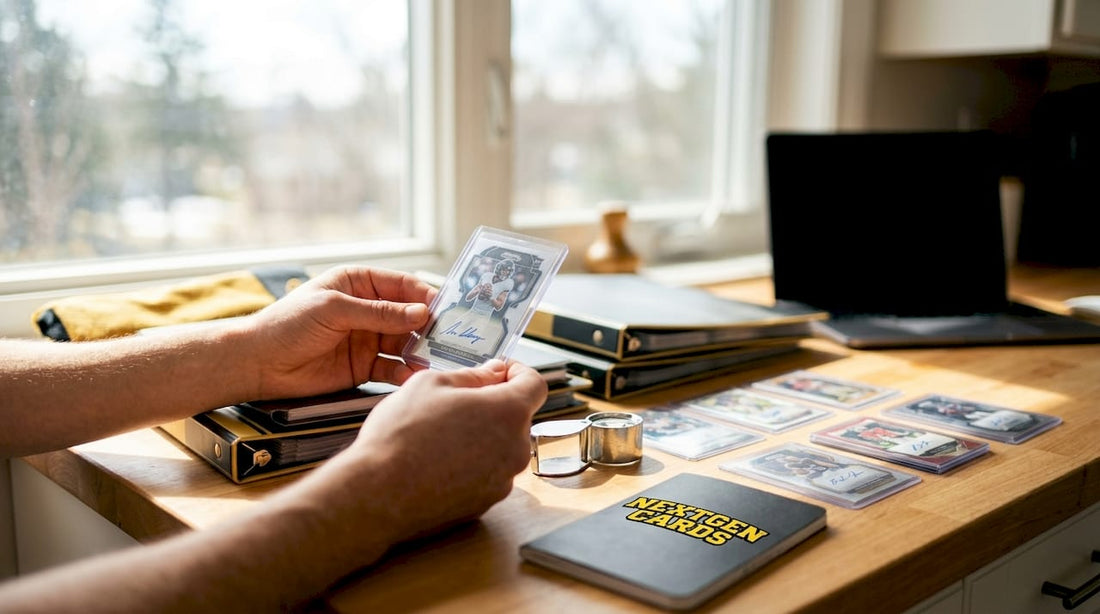 Close-up hands inspecting rookie autograph card serial number
