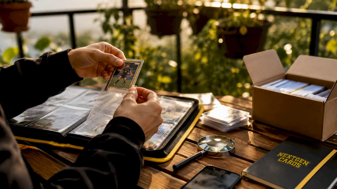 Hands placing a sports card into a protective sleeve on desk