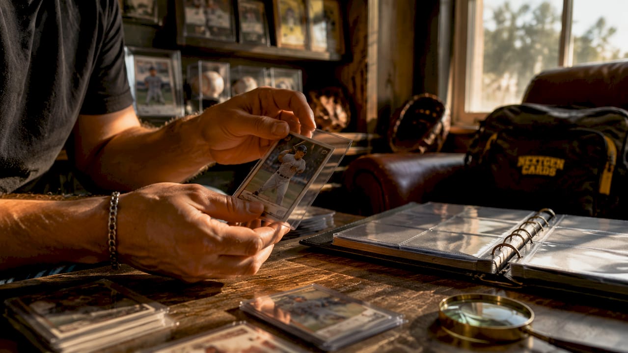Hands sleeving rare sports card on wooden desk