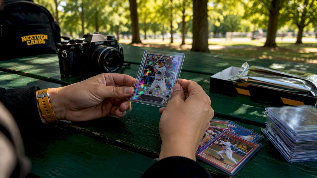 Hands holding metallic baseball card close-up