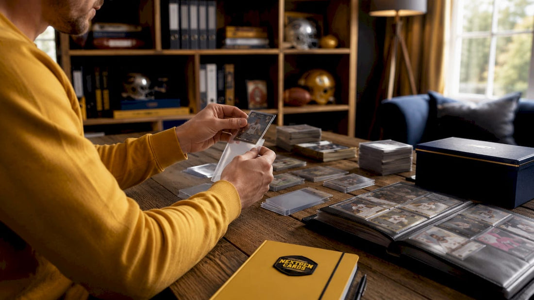 Close-up of hands sleeving sports cards on desk