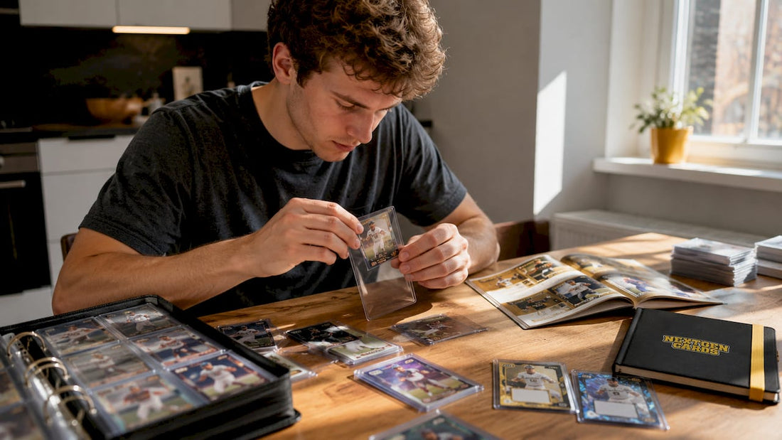 Hands organizing beginner sports cards at desk
