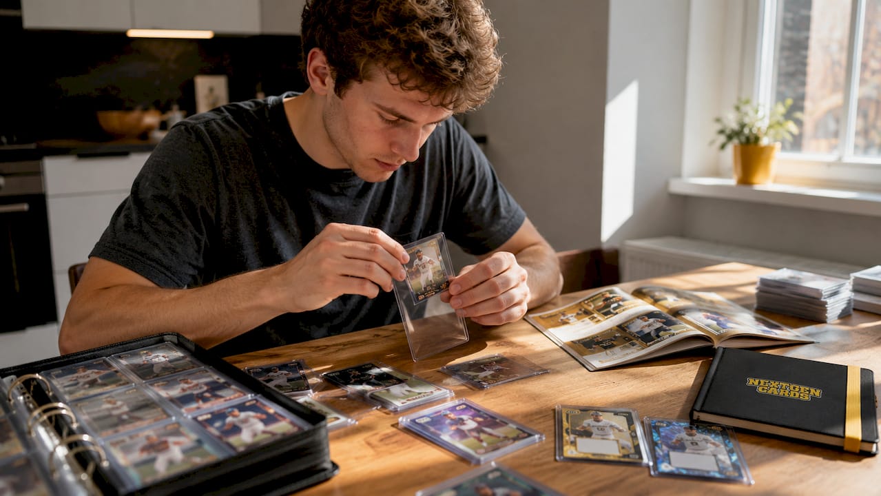 Hands organizing beginner sports cards at desk