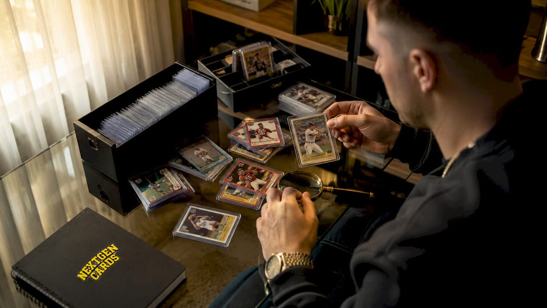 Close-up of hands sorting rare sports cards on desk