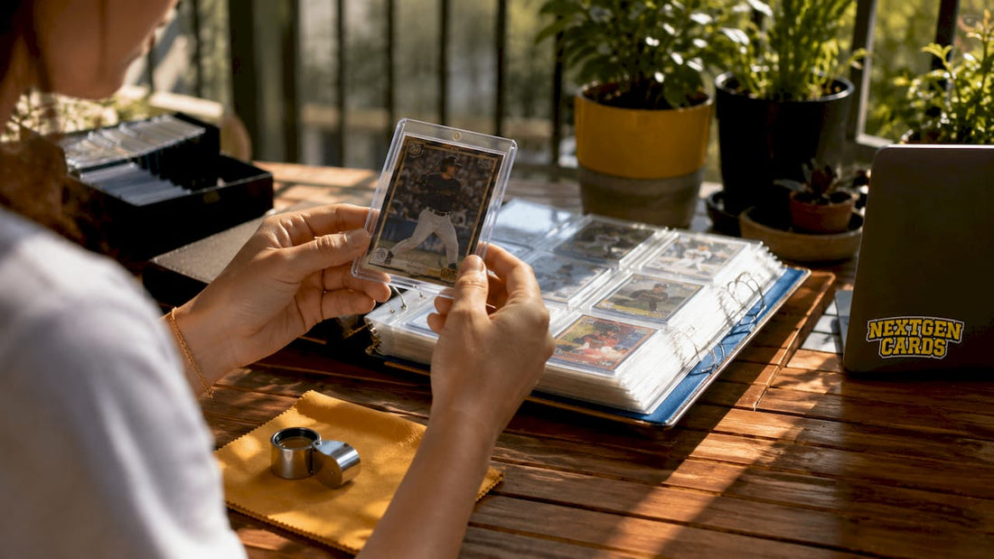 Hands holding a sports card at a well-lit desk