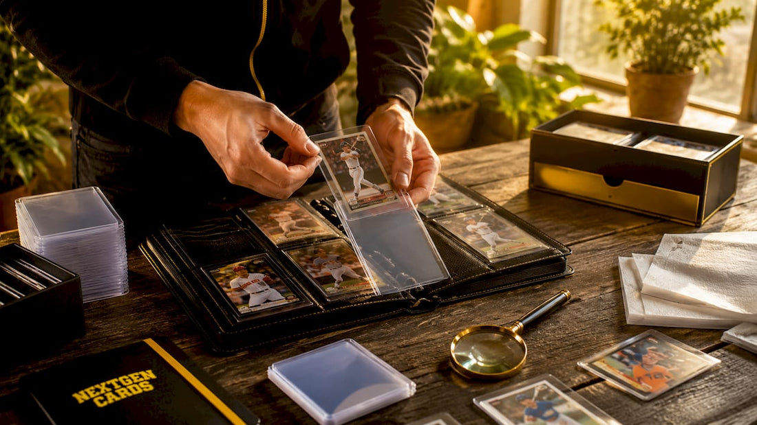 Hands inserting trading card into protective sleeve