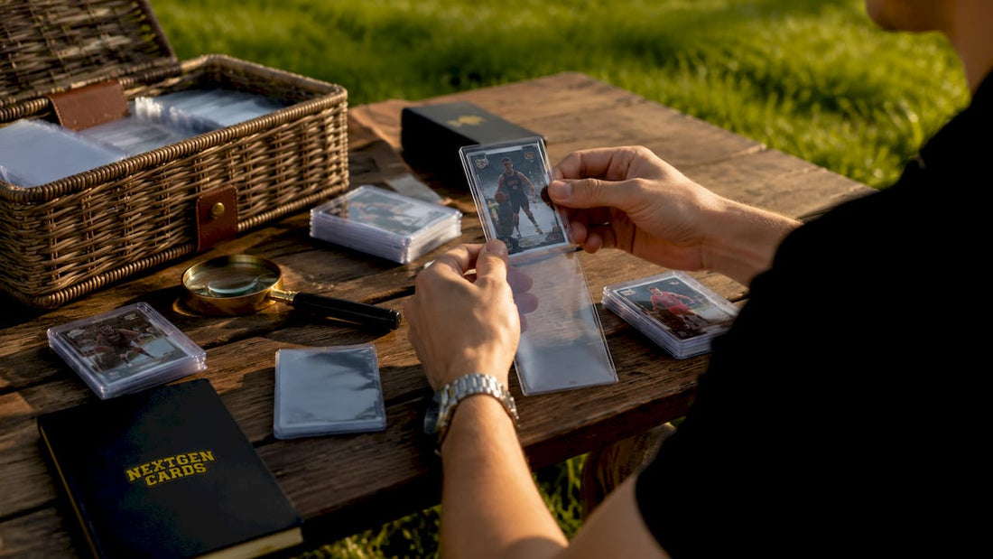 Hands placing NFT sports card into sleeve on wooden desk