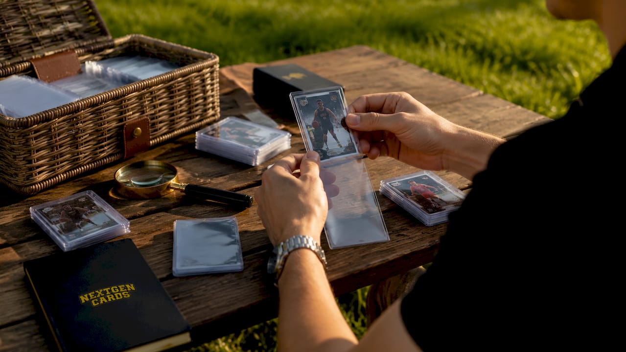 Hands placing NFT sports card into sleeve on wooden desk