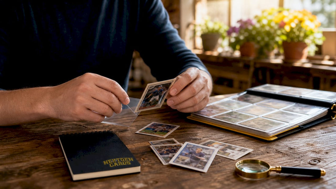 Hands organizing multi-sport trading cards on desk