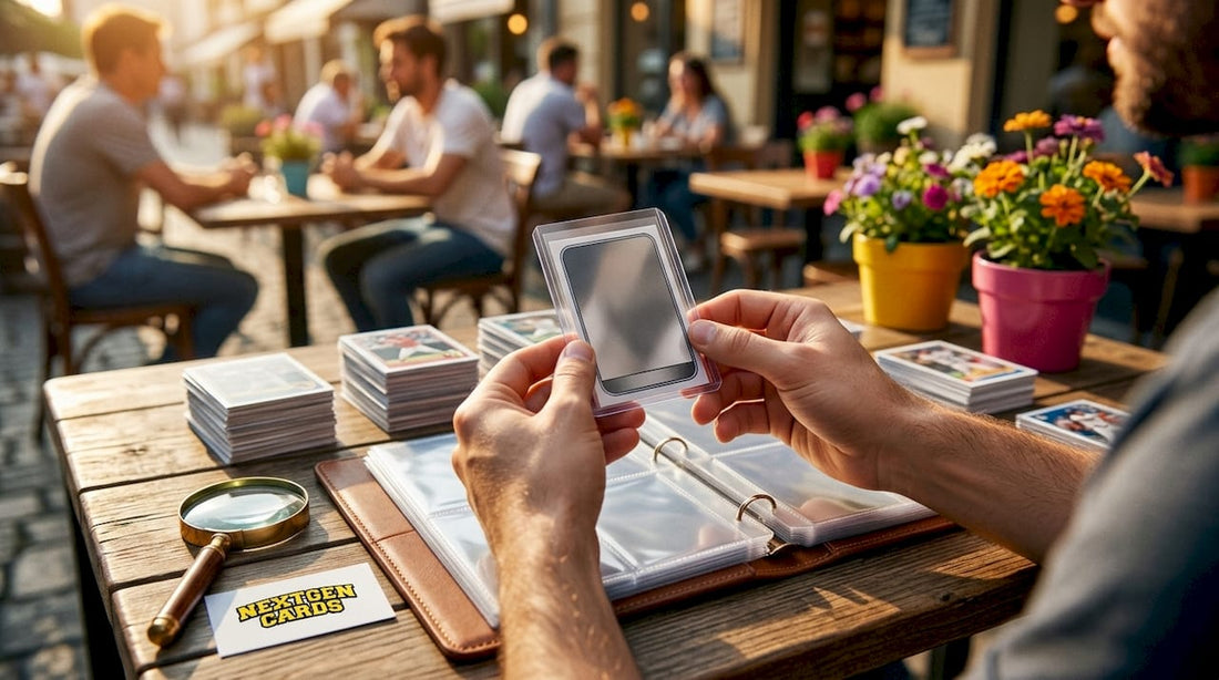 Hands holding sports card in protective sleeve