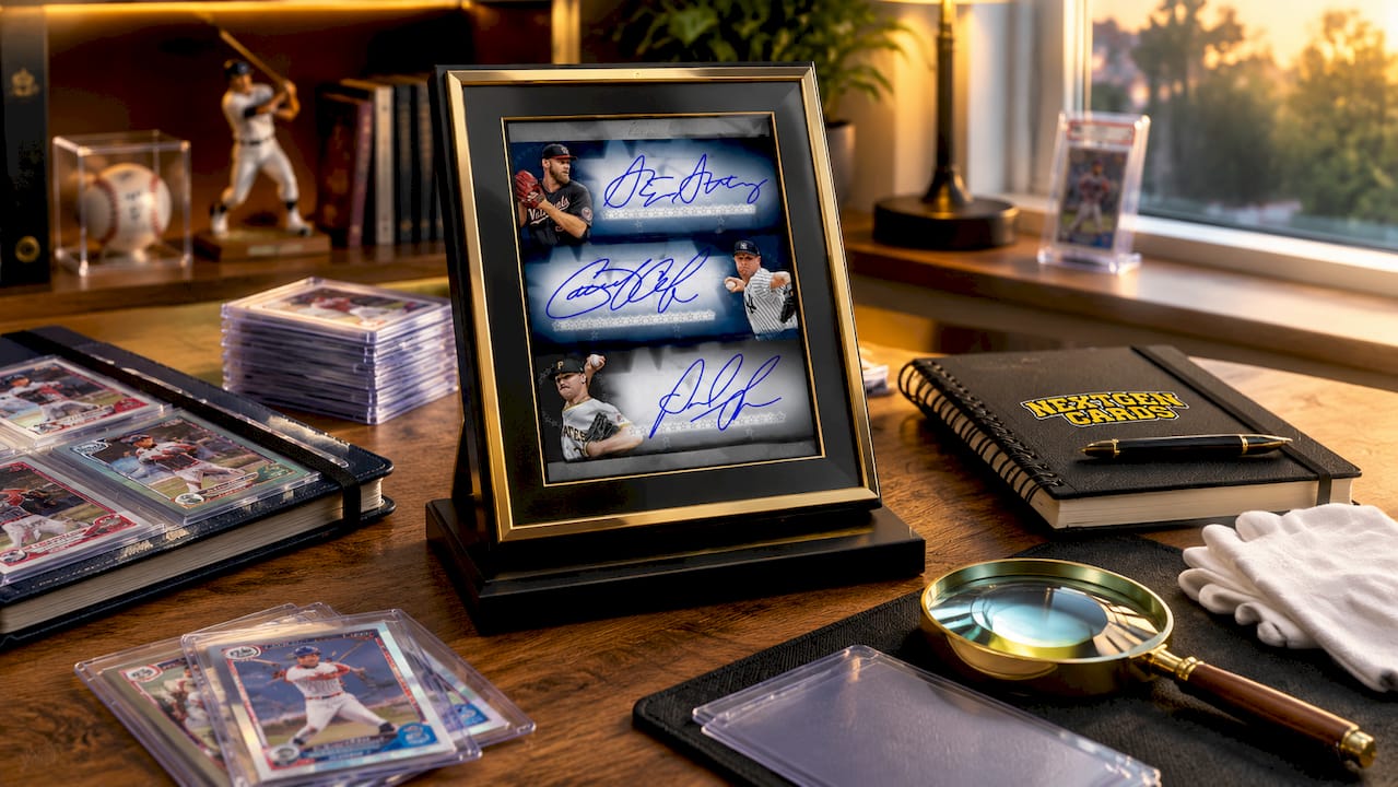 Close-up of framed sports card on collector desk