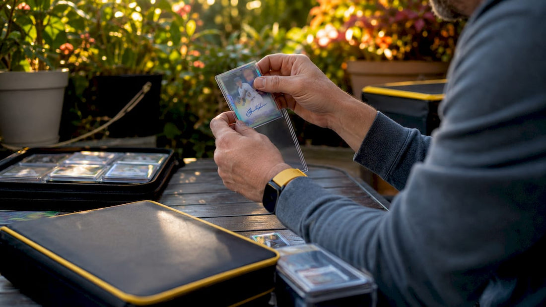 Close-up of hands handling an MLB autograph card with serial number
