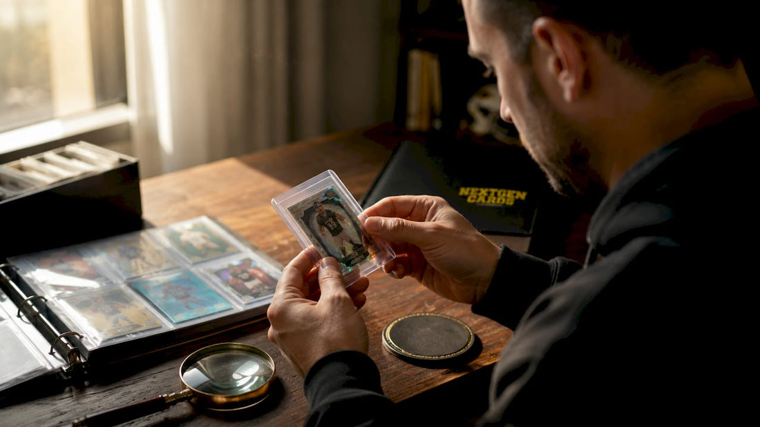 Hands holding parallel trading card over desk