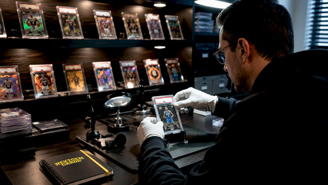 Gloved hand placing graded rookie card into protective case