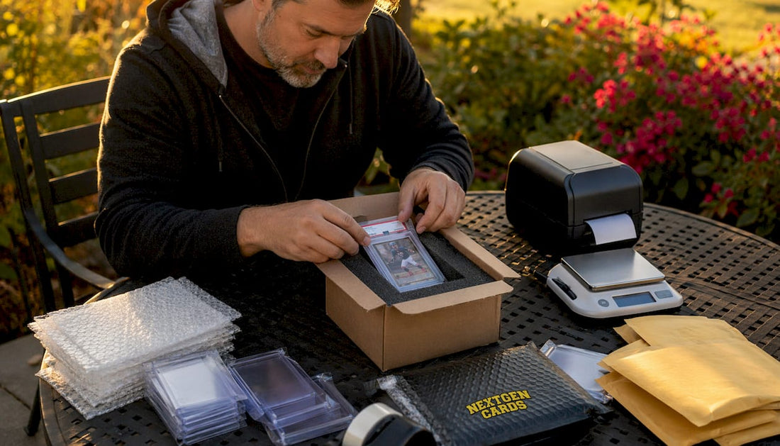 Hands packing rare cards with protective materials