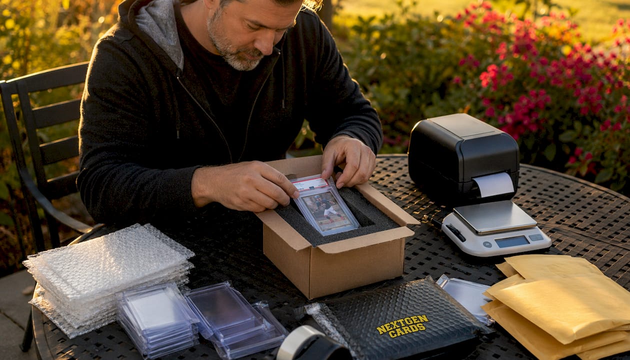 Hands packing rare cards with protective materials