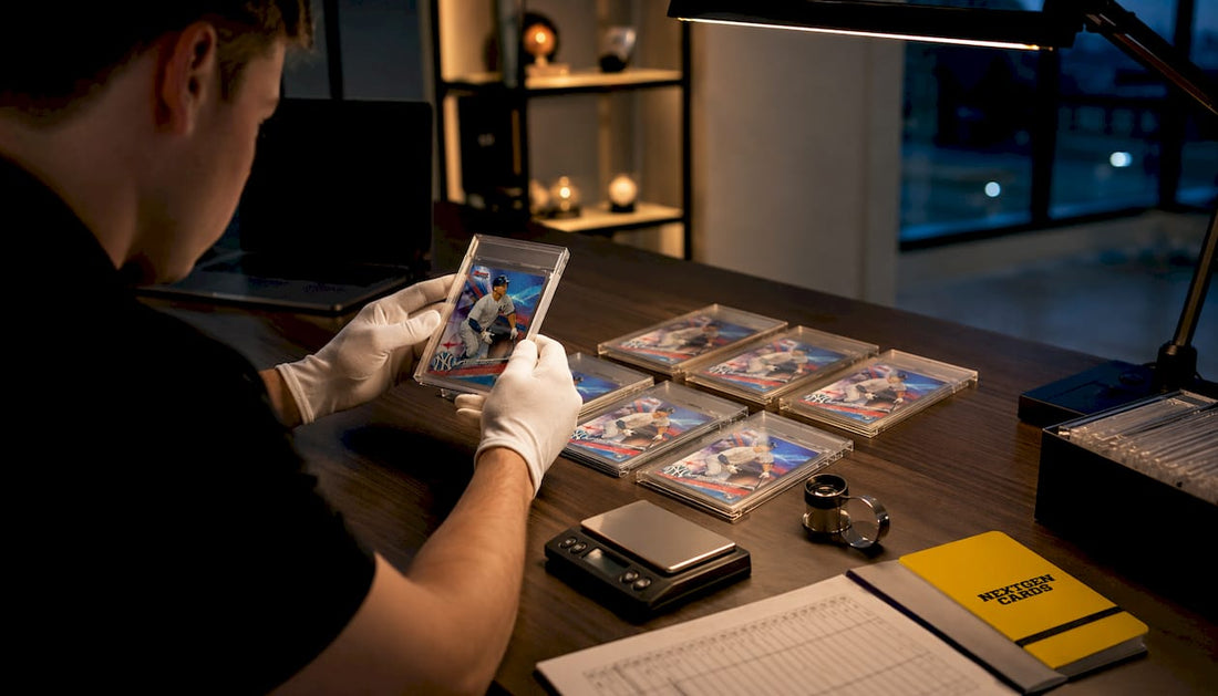 Close-up of graded Aaron Judge home run cards on grader's workbench