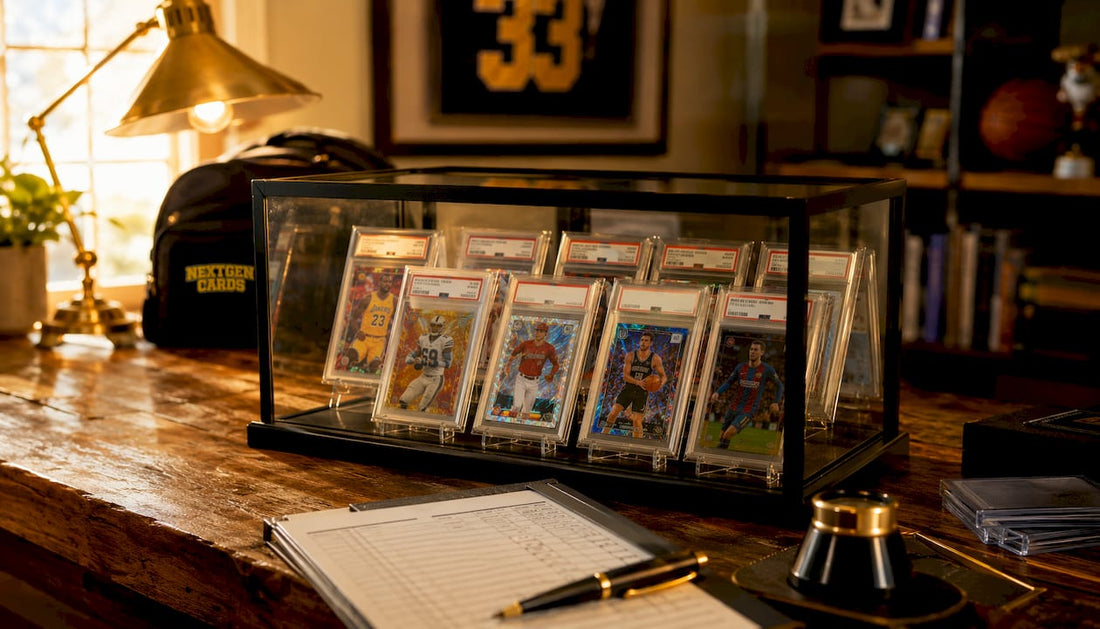 Close-up of crossover sport cards displayed on collector's desk