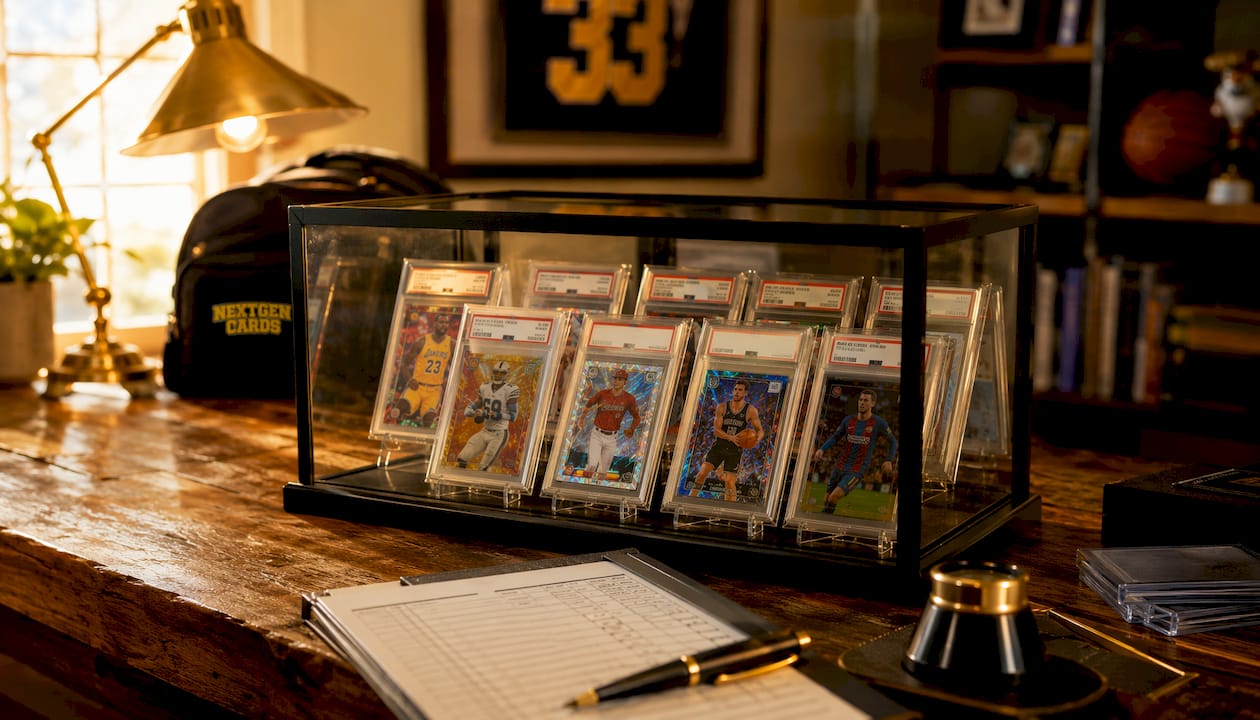 Close-up of crossover sport cards displayed on collector's desk