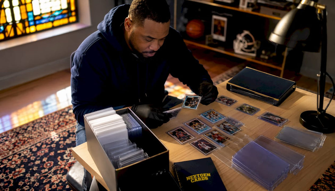 Hands sorting collectible cards with protective sleeves